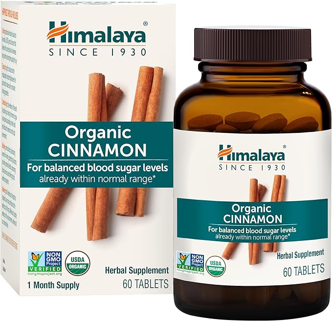 Himalaya Organic Cinnamon, for Glycemic Support, 1100 mg Daily, 60 Tablets, from Cassia Cinnamon Bark and Ceylon Cinnamon Extract, Non-GMO Project Verified, Vegan, Gluten Free Herbal Supplement