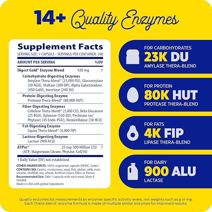 Enzymedica Digest Gold + ATPro, Maximum Strength Enzyme Formula, Prevents Bloating and Gas, 14 Key Enzymes Including Amylase, Protease, Lipase and Lactase, 240 Capsules