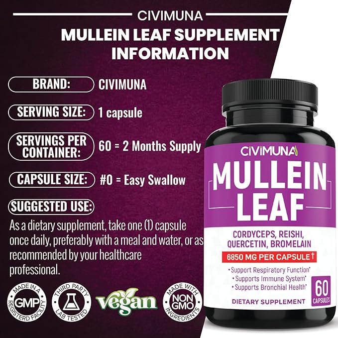 (2 Packs) Mullein Leaf Capsules 6850mg - Mullein Leaf, Cordyceps, Reishi - 4 Months Supply