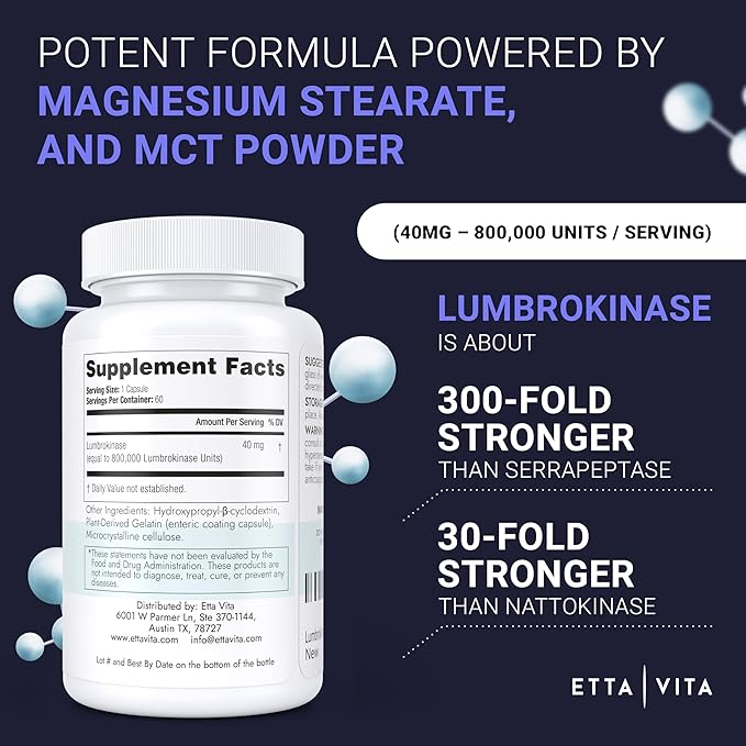 Potent Lumbrokinase Supplement 40mg/Serving (Max Activity - 800,000 Units) - Lumbrokinase Enzymes Capsules for Energy Support, Digestion, Detox, Cognition & Gut Health - Similar to Nattokinase