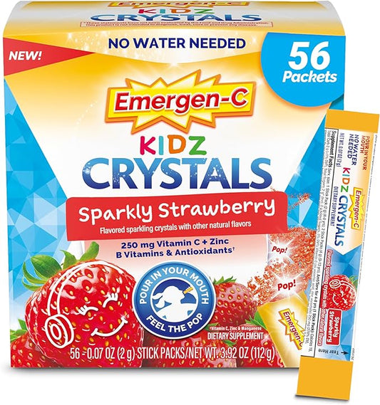 Emergen-C Kidz Crystals, On-the-Go Emergen-C Immune Support Supplement with Vitamin C, B Vitamins, Zinc and Manganese, Sparkly Strawberry - 56 Stick Packs