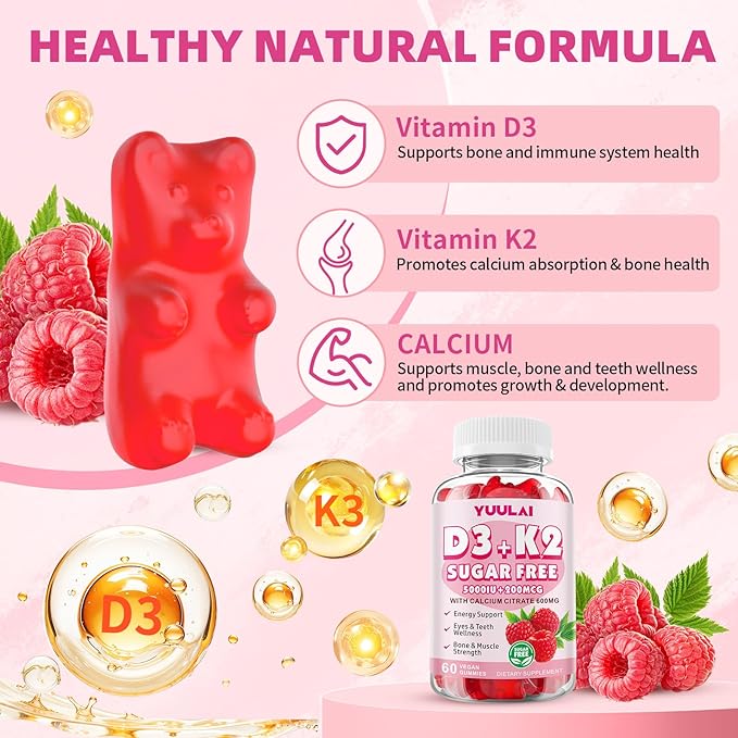 Vitamin D3 K2 Gummies, D3 Vitamin 5,000 IU + K2 200mcg - Vegan K2 D3 Vitamin Supplement, Highly Absorbent Supports Bone, Muscle, Immune, Raspberry, 60 Count