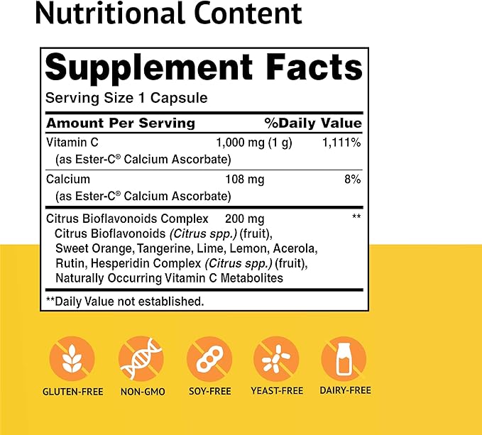 Ester-C American Health with Citrus Bioflavonoids Capsules - 24-Hour Immune Support, Gentle On Stomach, Non-Acidic Vitamin C - Non-GMO, Gluten-Free - 1000 mg, 90 Count