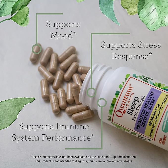 Quantum Health Extra Strength Sleep Melatonin 5mg Healthy Restful Sleep Support with Relaxing Valerian Root & L Theanine Daily Mind & Body Well Being for Women & Men - 30 Capsules