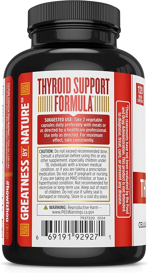 Zhou Thyroid Support - Thyroid Supplement for Women & Men with Zinc, Iodine & Selenium, Metabolic Health Thyroid Complex, Antioxidant Support with Aswagandha & Kelp - 120 Veggie Capsules