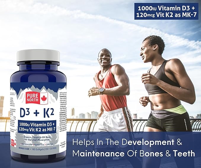 D3 + K2 Vitamin Supplement 180 Softgels - 6 Months Support, D3 1000IU + K2 MK7 120mcg with Organic Coconut Oil for Optimal Absorption - 3rd Party Tested & Proudly Canadian