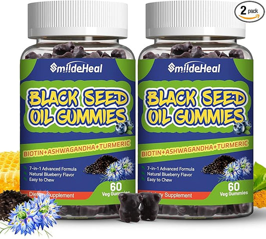 2 Pack Black Seed Oil Gummies, Organic Black Cumin Seed Oil Gummies, Black Cumin Seed Oil Organic 500mg, Chewable Black Seed and Honey Gummies, Vegan, 120 Gummies