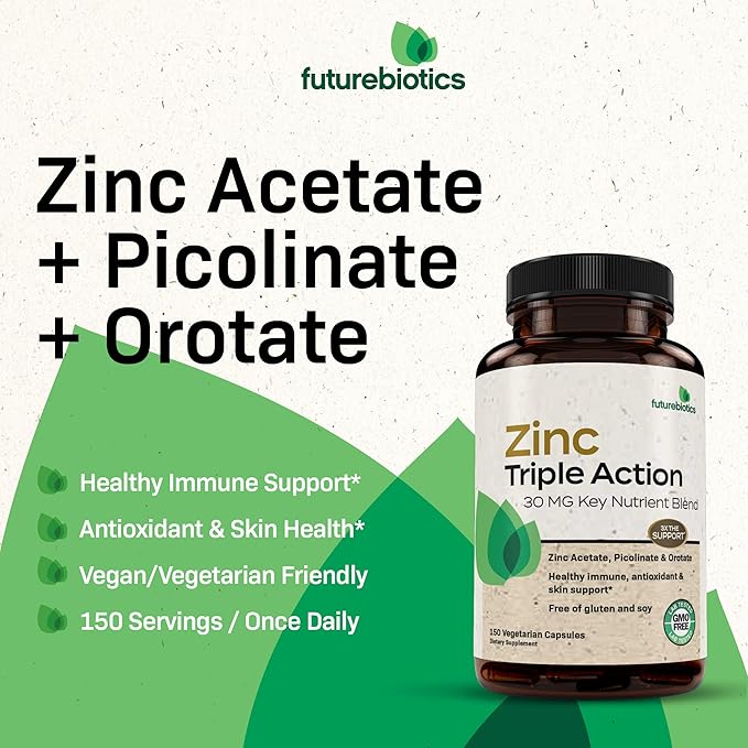 Futurebiotics Zinc Triple Action 30mg Key Nutrient Blend Immune Support Supplement with Zinc Acetate, Picolinate & Orotate - Immune, Antioxidant & Skin Health Support - 150 Vegetarian Capsules