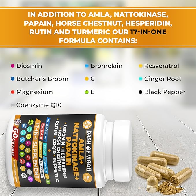 Dash of Vigor 17-in-1 Amla Extract, Papain Supplement, Nattokinase Diosmin Hesperidin Supplement, CoQ10 with Turmeric Extract, Horse Chestnut Extract, Vitamin C and Rutin, USA, 60 Capsules