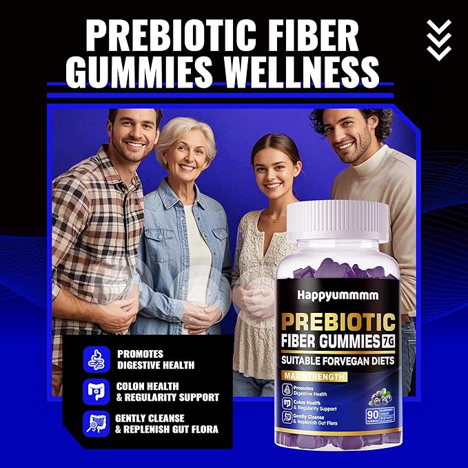 Prebiotic Fiber Gummies for Adults, 7G Extra Strength, Zero Sugar Added, 90 Pectin Based Gummies, Digestive Health & Regularity Support-Blueberry-2pack