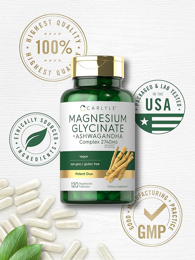 Carlyle Magnesium Glycinate with Ashwagandha | 2,740mg Complex | 120 Vegetarian Capsules | Potent Duo | Non-GMO and Gluten Free Supplement