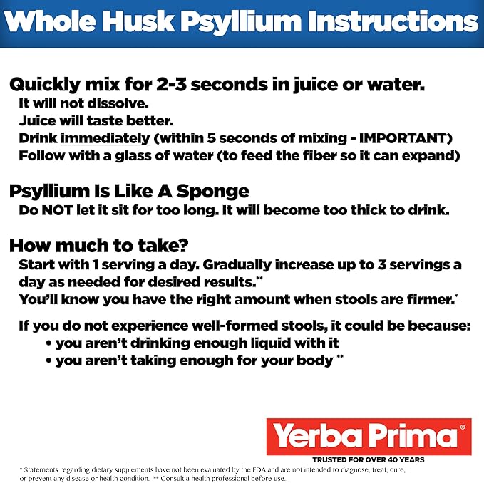 Yerba Prima Psyllium Husk, 12 Ounce (Pack of 2) - Colon Cleanser Fiber Supplement - Natural Support for Gut Health - Non GMO, Gluten Free, Vegan