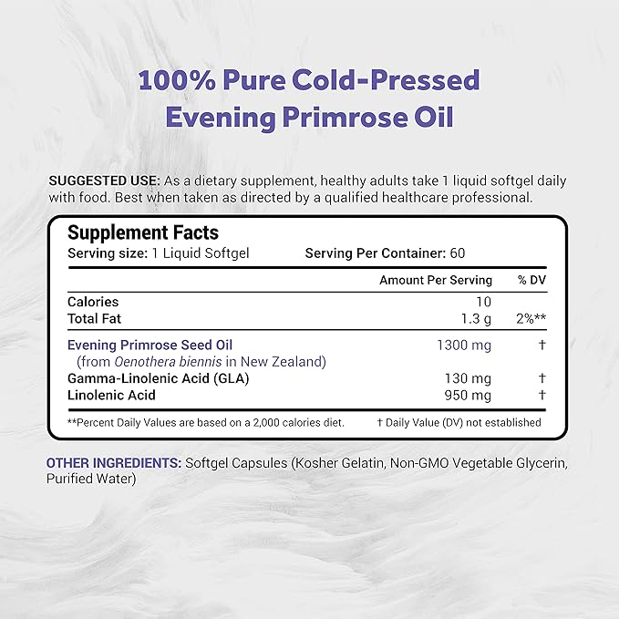 Evening Primrose Oil (1300mg) | 100% Natural from New Zealand | Non-GMO, Soy & Gluten Free, Zero Filler | 60 Softgels