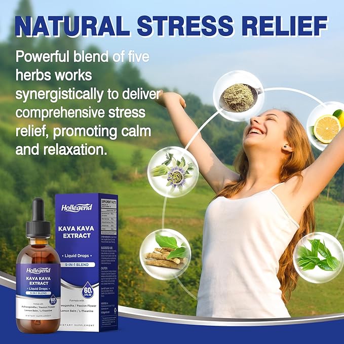 Kava Kava Root Extract Liquid Drops, 5 in 1 Blend with Ashwagandha, Lemon Balm, L-Theanine, Kava Tincture Supplement for Stress Relief, Sleep, Brain Health, 2 Fl Oz