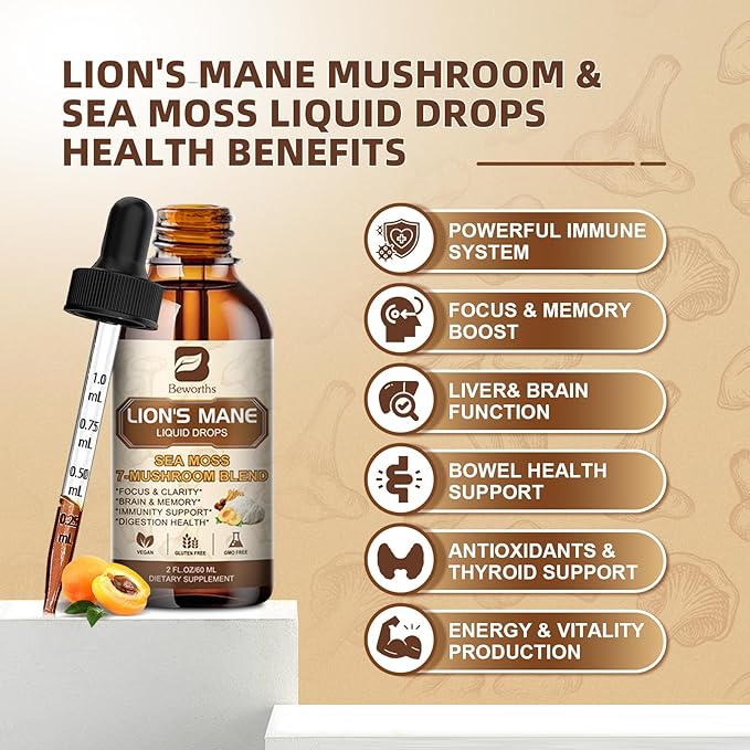 Lions Mane Mushroom Liquid Drops with 6 Mushroom Complex & Irish Sea Moss, Dual-Extracted for Cognitive & Immune Support – Vegan, Non-GMO Supplement – 60mL Peach Flavor