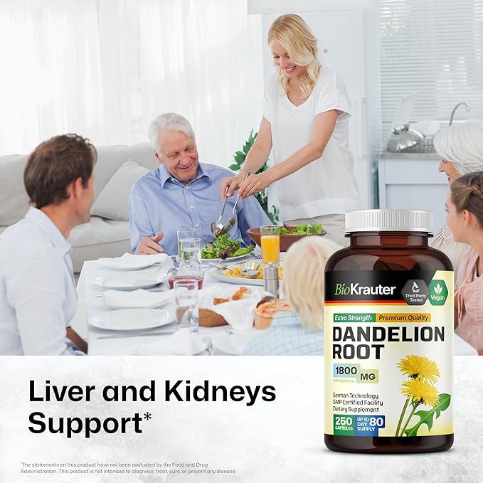 BIO KRAUTER Dandelion Root Supplement - 1800 mg Strength - 250 Count - Dandelion Root Capsules - Vegan Capsules for Liver Support & Immunity