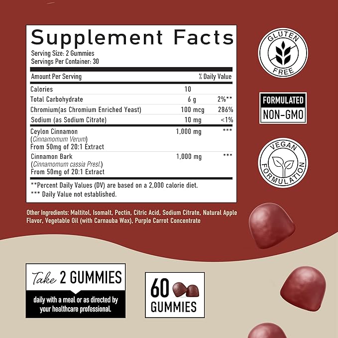 Sugar-Free Cinnamon Gummies 2000MG with Ceylon Cinnamon & Cassia Complex | Sugar-Free Lifestyle Supplement & Guilt-Free Apple Pie Flavor with Chromium | Vegan, Non-GMO, Gluten-Free | 60 Gummies