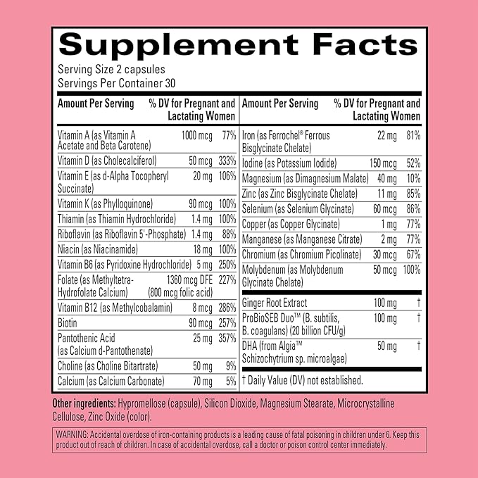 Hyland's Easy Morning Prenatal Multivitamin and Digestive Health and Morning Sickness Relief, 60 Vegan Capsules, with Folate, Choline, Zinc, Ginger Root, Prebiotics and Algae DHA (Pack of 2)