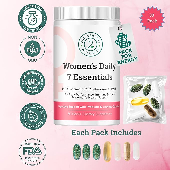 Daily 7 Essentials Women's Vitamin Pack -7 Pack Complete Women's Multivitamin Packet with Energy, Metabolism, Immune System, Women's Health Support with Probiotics, More