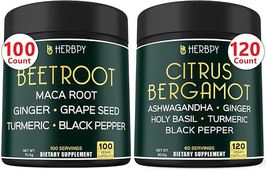 Bundle 6in1 Beet Root Capsules & 6in1 Citrus Bergamot Supplement - Support Restful Night, Heart, Digestion and Immune