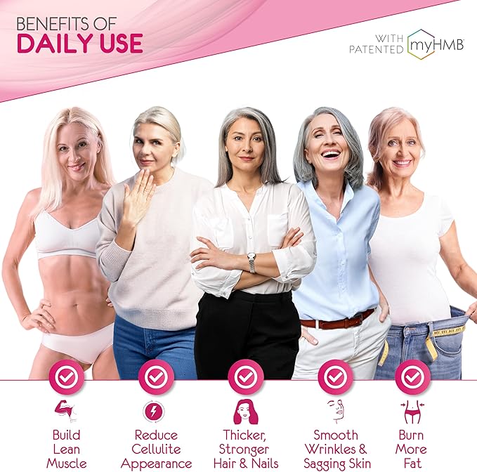 Powder Supplement for Women - with HMB Collagen Enhancer Plus Vitamin D3 with K2, Horsetail and Biotin for Lean Muscle and Stronger Hair and Nails - 30 Powder Packets Strawberry Lemonade
