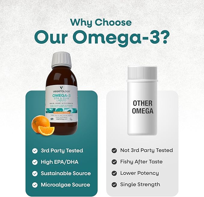 Vegan Omega 3 Liquid, from Microalgae, 800mg of EPA DHA, with Vitamin D3, Supports Heart, Brain, and Eye Health, Natural Fish Oil Alternative, UK Made, Mild Orange Flavoured
