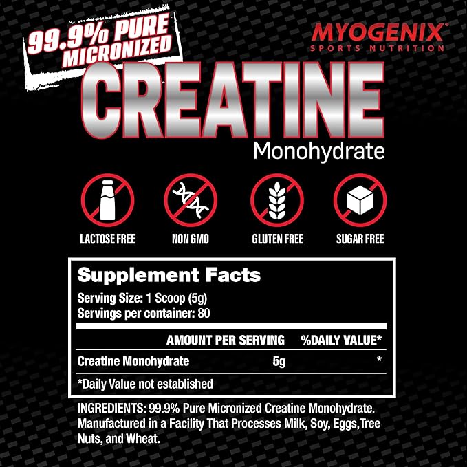 Myogenix Creatine Monohydrate for Muscle Growth Creatine Monohydrate Powder, Nutritional Supplement to Increase Strength, Improves ATP Production, Pure Creatine Powder (80 Servings/400G)