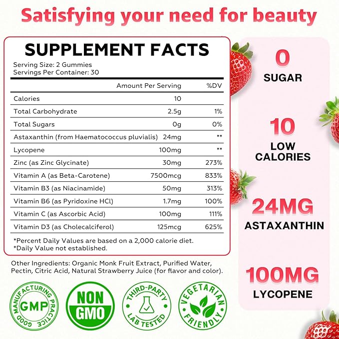 Tanning Gummies - Sugar Free Daily Tanning Gummies for Woman & Men, Self Tanning Melanin Supplements with Lycopene & Astaxanthin for Skin Health, Strawberries Flavor, 60 Count