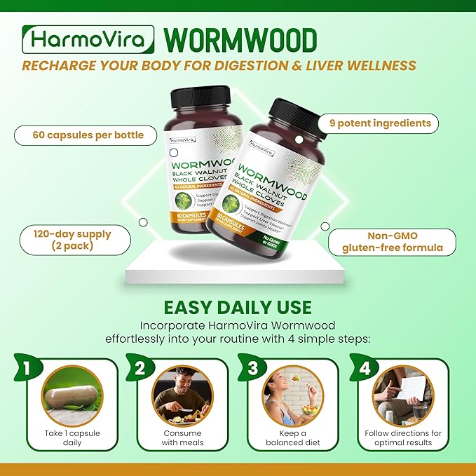 Wormwood Black Walnut Whole Cloves Ginger - Support Digestion Wellness, Liver Cleanse, Joints Health - 120-day Supply - Made in The USA