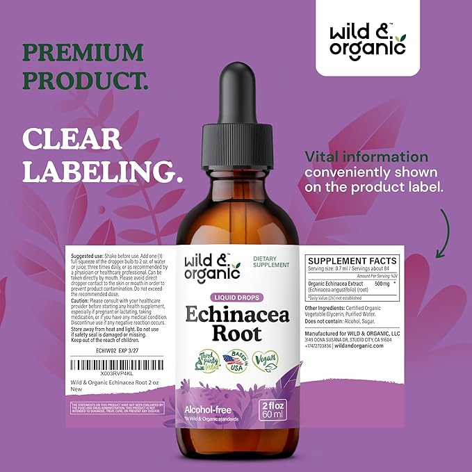 Wild & Organic Echinacea Tincture - Immune Support Drops with Liquid Echinacea Root Extract - Angustifolia Supplements - Vegan, Sugar & Alcohol-Free - 2 fl oz