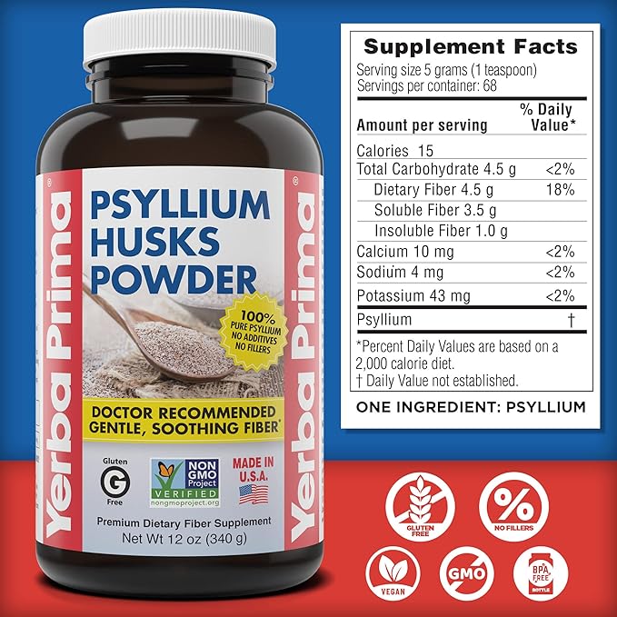 Yerba Prima Psyllium Husks Powder - 12 oz (Pack of 3) - Natural Fiber Supplement - Colon Cleansing - Vegan, Non-GMO, Gluten-Free (New Label - Packaging May Vary)