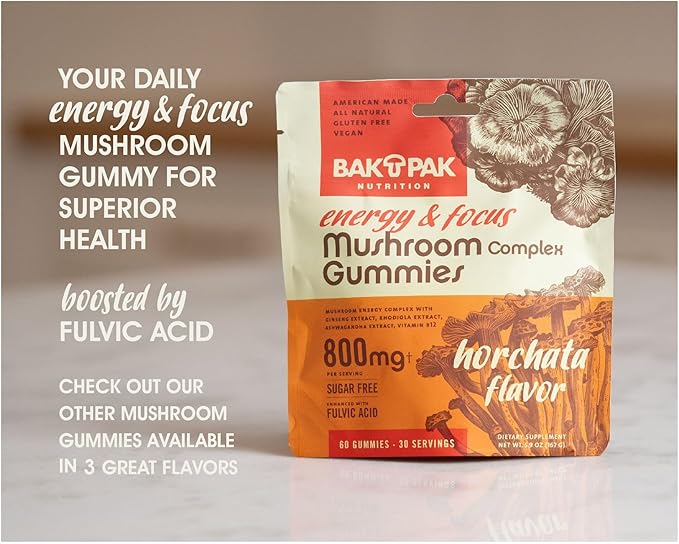 Mushroom Energy&Focus Sugar Free Gummies - Mushroom Supplement with Reishi, Cordyceps, Lion’s Mane, and Ginseng for Natural Energyand Mental Clarity - Natural Horchata Flavor, Gluten-Free, 60 Gummies