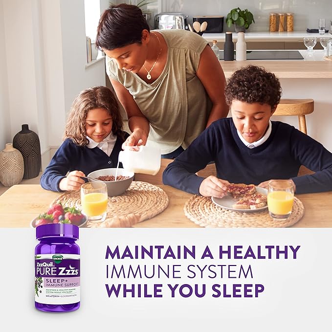 ZzzQuil Pure Zzzs Sleep + Immune Support Melatonin Sleep Aid Gummies with Elderberry, Zinc, Chamomile, Lavender, & Valerian Root, 1mg per Gummy, 60 ct