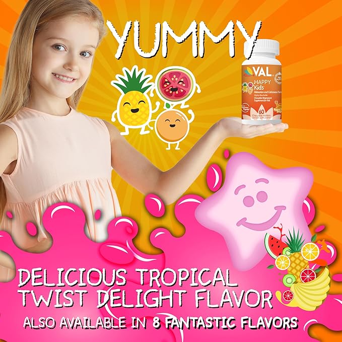 VAL Magnesium for Kids | High-Absorption Magnesium for Calm, Relaxation & Focus | Mg Glycinate, Citrate & Taurate | with Vitamin B6, D & C | Sugar-Free, Non-GMO | 60 Chewable Tablets