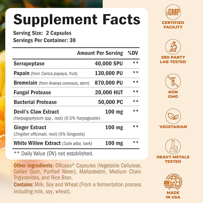 Joint Support Supplement with Bromelain, Serrapeptase & Papaya Enzymes - Proteolytic Enzymes for Digestion & Recovery - Digestive Enzyme & Joint Complex for Men & Women - 60 Delayed Release Capsules