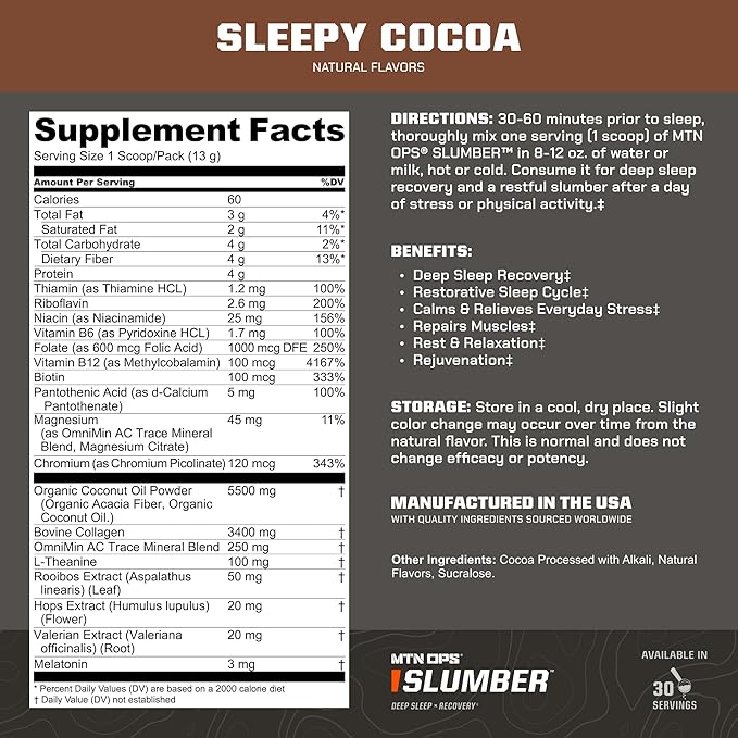 MTN OPS Slumber Sleep Aid for Muscle Recovery & Deep Sleep, Sleepy Cocoa Sleep Support Powder Drink Mix, 30 Servings