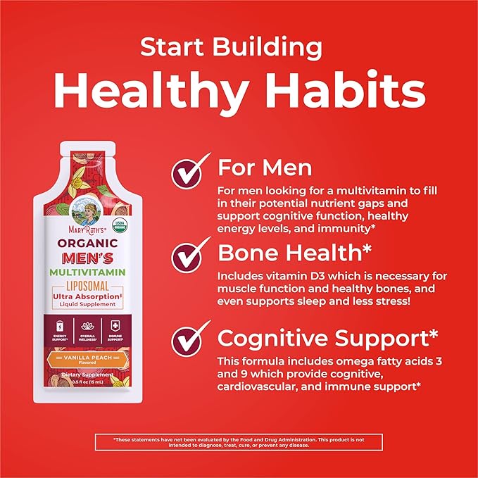 MaryRuth Organics Multivitamin for Men | USDA Organic | Sugar Free Mens Multivitamin Liposomal | Liquid Vitamins for Men | Immune Support Supplement & Overall Wellness | Vegan | 14-0.5 Fl Oz Pouches