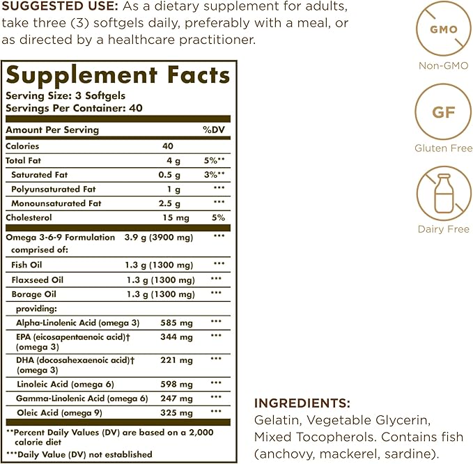 Solgar 1300 mg Omega 3-6-9 - 120 Softgels, Pack of 3 - Support for Joint & Skin Health - Non-GMO, Gluten Free - 120 Total Servings