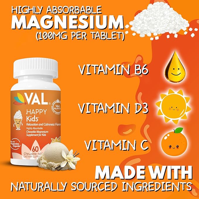 VAL Magnesium for Kids | High-Absorption Magnesium for Calm, Relaxation & Focus | Magnesium Glycinate, Citrate & Taurate | with Vitamin B6, D & C | Sugar-Free, Non-GMO | Vanilla | 60 Chewable Tablets