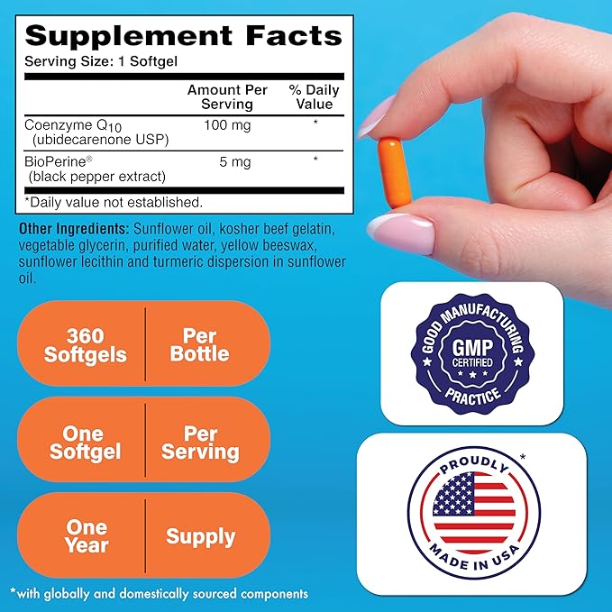 Health Thru Nutrition CoQ-10 100mg with BioPerine 360 Softgels | High Absorption Naturally Fermented USP Grade Coenzyme Q10 Supplement | 3rd Party Tested | Heart Health and Energy Support