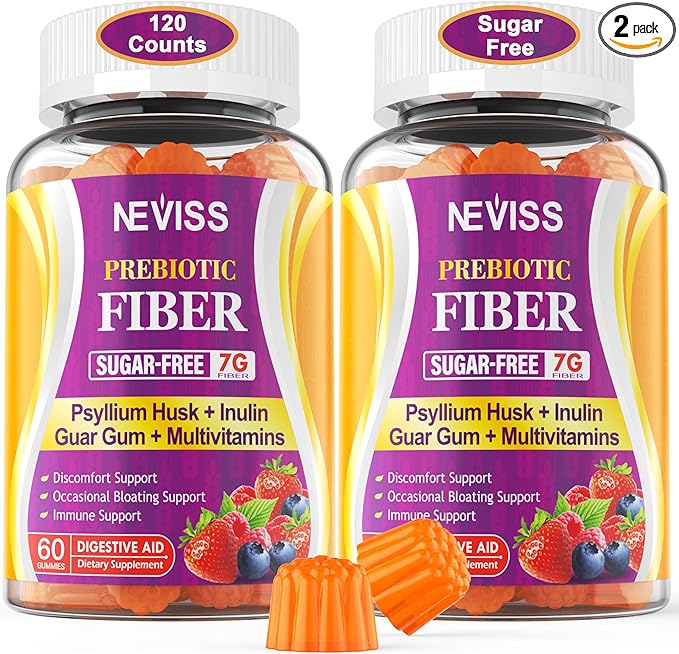 Fiber Gummies with Probiotics for Adults, 7G Soluble Fi ber + Insoluble Fi ber, Sugar Free with Psyllium Husk, Inulin, Fos, Multivitamins for Daily Digestive Health, Regularity Gut Support, Pack of 2