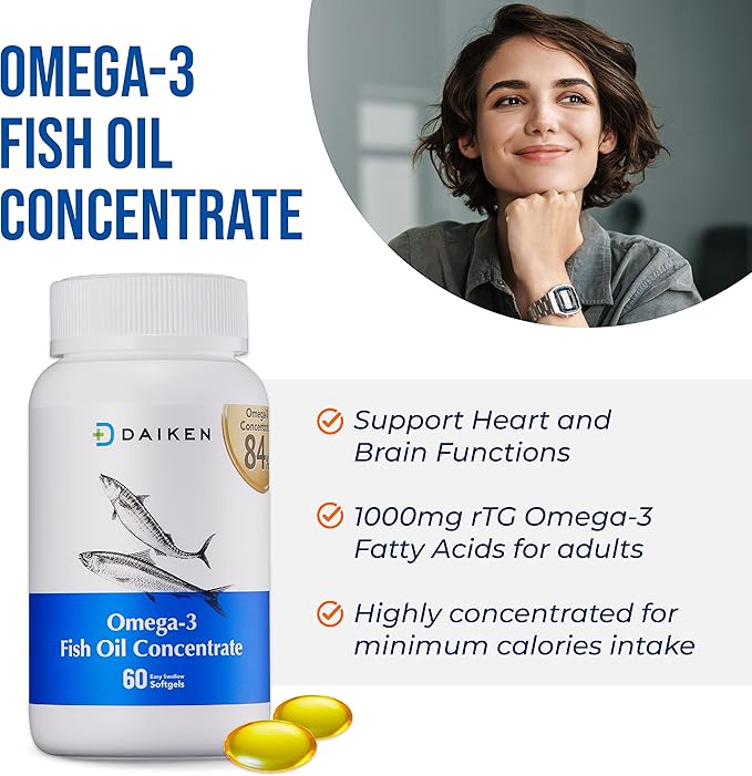 DAIKEN rTG Omega 3 1000mg, High Absorption & Burpless Fish Oil 1200 mg, Mini Fish Oil Softgels for Healthy Heart, Brain and Dry Eyes Support, 60 Small Softgels