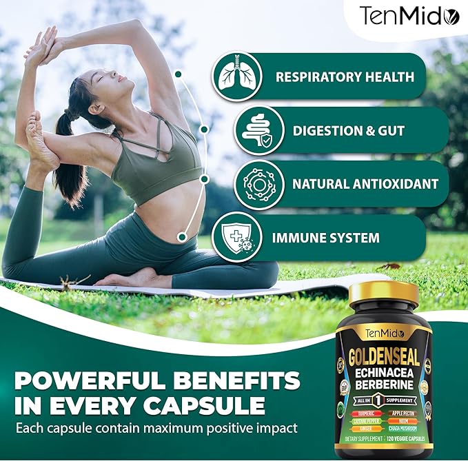 Goldenseal Root Supplement - 10in1 Formula - Combine with Echinacea, Berberine, Turmeric, Cayenne Pepper, Ginger, Apple Pectin, Neem, & More - Digestive Health Support - 120 Capsules