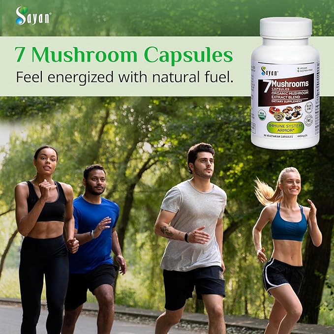 Sayan 7 Mushroom Extract 90 Capsules/440mg ea – Immune Support & Energy – Organic Chaga, Reishi, Lion's Mane, Maitake, Shiitake, Turkey Tail Adaptogen Blend – Vegan, Non-GMO, No Fillers or Additives