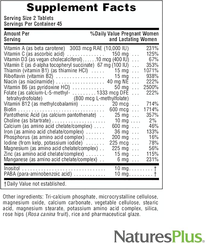 NaturesPlus Ultra Prenatal Multivitamin - 800 mcg Folate, 90 Vegetarian Tablets - Prenatal Supplement with Iron, Iodine, Calcium & B-Complex Vitamins - Gluten-Free - 45 Servings