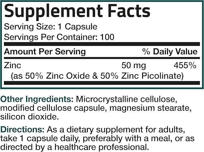Bronson Zinc 50mg Complex High Potency Immune Support Supplement & Antioxidant and Skin Health - Non GMO, 100 Vegetarian Capsules