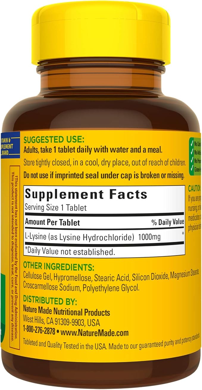 Nature Made L-Lysine 1000 mg, Dietary Supplement, 60 Tablets, 60 Day Supply