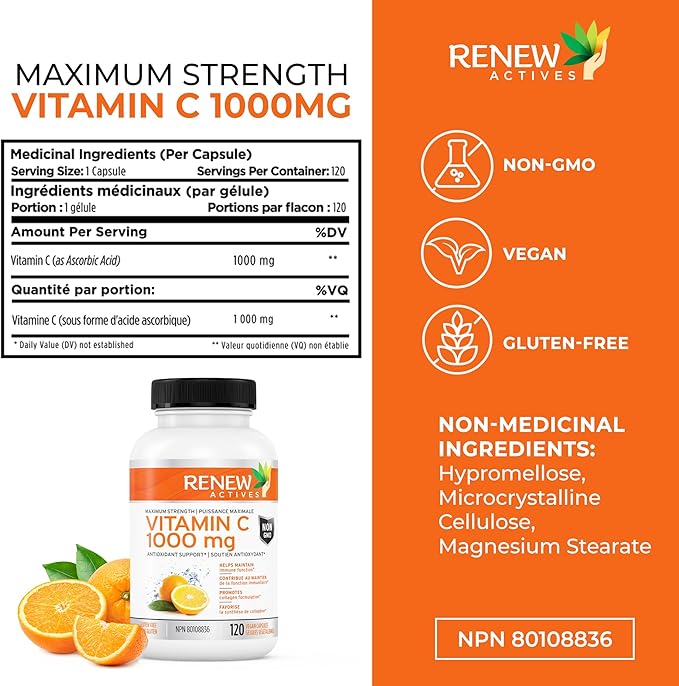 RENEW ACTIVES Maximum Strength Vitamin C 1000MG per Serving – Antioxidant & Immune Booster for Overall Health, Bones, Teeth & Gums – Non-GMO, Sugar-Free, 4-Month Supply – Made in Canada – 120 Capsules
