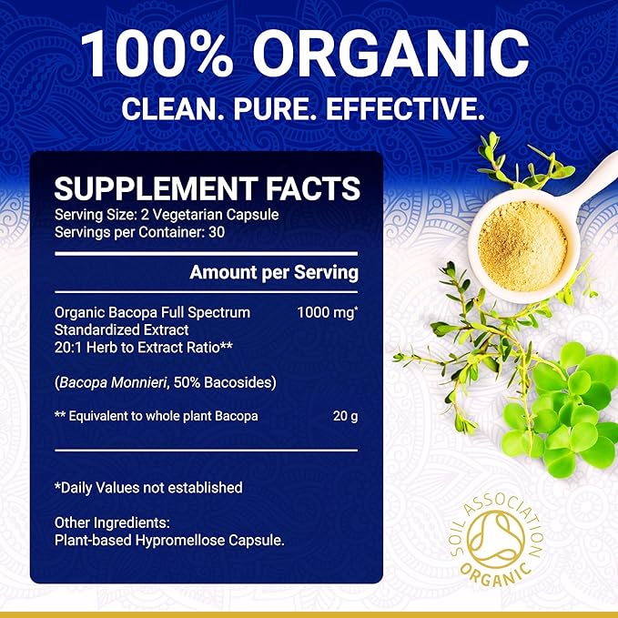 Bacopa Monnieri Supplement - Bacopa Supplements | USDA Organic Bacopa Monnieri Organic | 20X Concentrated Extract | 50% Bacosides | Brahmi Capsules | 60 Bacopa Monnieri Capsules | Bacopa Extract