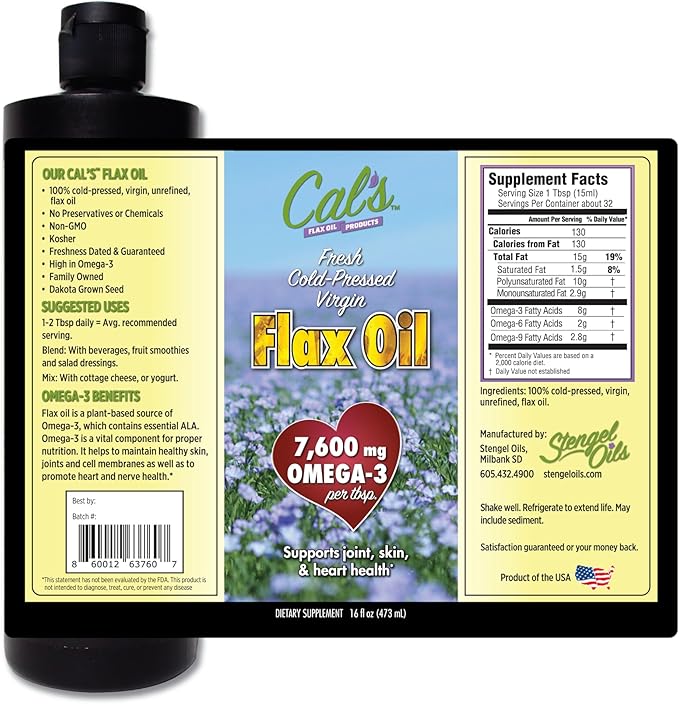 Cal's Flax Oil, Cold-Pressed Flaxseed, High in Omega-3 Fatty Acid, Unrefined Flaxseed Oil, Essential Flaxseed Oil Liquid Supplement for Joint, Skin, and Heart Health Support - 16 oz